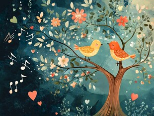 树上双鸟的浪漫音乐图景