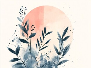 水墨风植物与渐变圆月