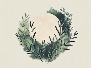 绿叶环绕的圆形水彩画