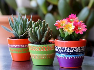 多彩花盆中的可爱多肉植物