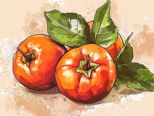 手绘鲜柿与绿叶插画