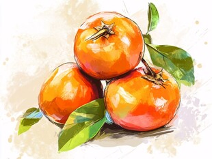 水彩画中的三颗新鲜柿子