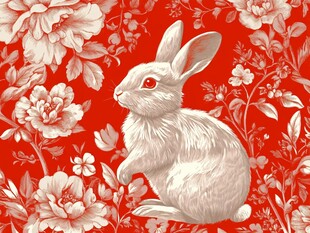 红底白兔花卉精美图案