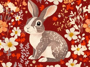 花丛中的可爱兔子插画