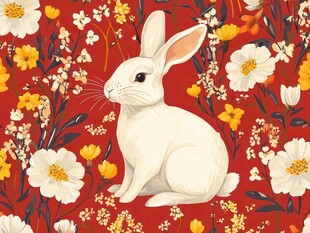 红底花丛中的可爱白兔