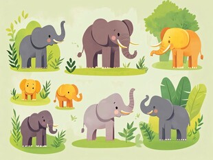 可爱大象在丛林快乐相聚