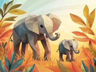 大象母子漫步于多彩丛林