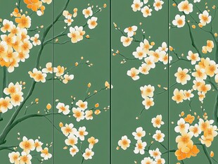 绿底繁花清新插画图案