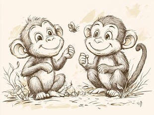 两只小猴与蝴蝶的温馨画面