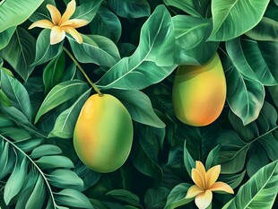绿叶间的鲜芒果与小花