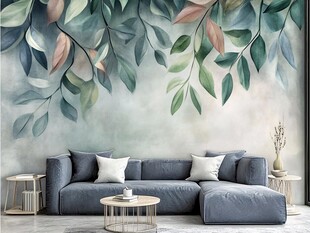 清新叶饰客厅沙发背景墙
