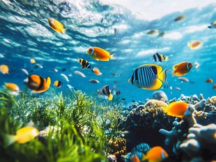 海底缤纷鱼群与珊瑚景观