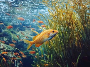 畅游水草间的金黄小鱼