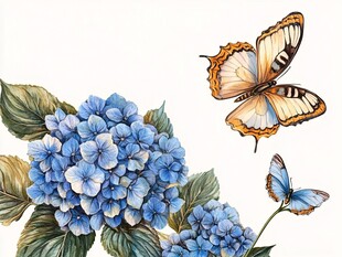 蓝绣球与蝶的梦幻景致