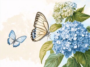 蓝蝶绣球图