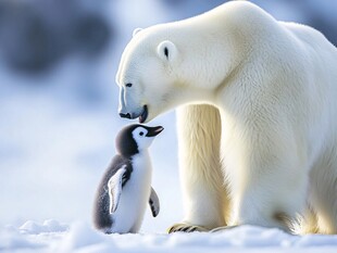 北极熊与小企鹅的温馨一刻
