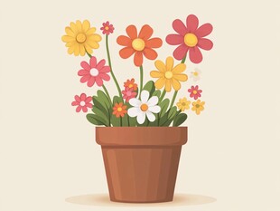 插画风花盆中的多彩花卉