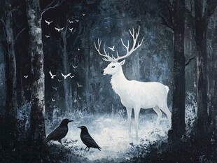森林中的白鹿与双鸦