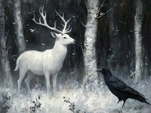 林中白鹿与黑鸦的邂逅