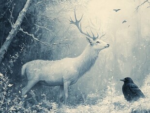 梦幻森林中的白鹿与乌鸦