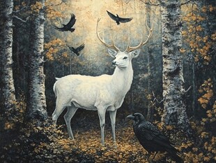 森林中的白鹿与飞鸟