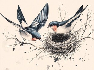 双燕筑巢图