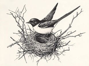 燕子立于巢上黑白插画