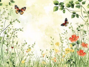 春日花草间的蝴蝶飞舞