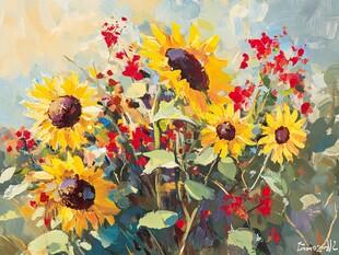 油画风向日葵与红花美景