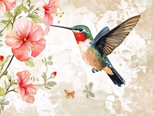 蜂鸟戏花图