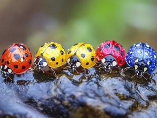 多彩瓢虫排队站在湿岩上