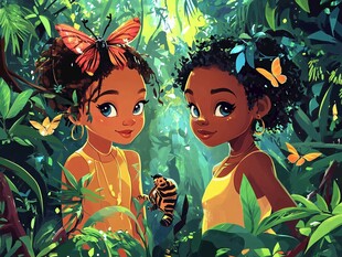 森林中的女孩与奇妙生物