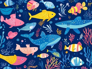 海洋缤纷鱼类插画图案