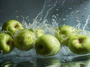 青苹果入水瞬间水花飞溅