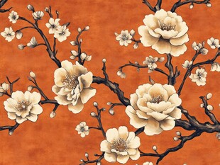 橘底白花精致花卉图案