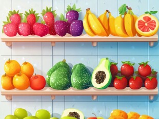 水果陈列架上的缤纷水果