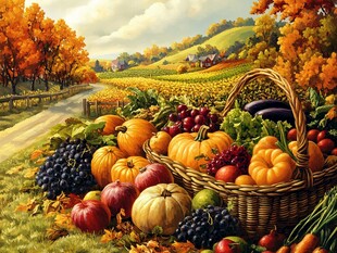 秋日丰收景象与满篮蔬果