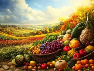 秋日田园丰收蔬果景象