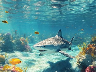 深海鲨鱼畅游多彩珊瑚礁