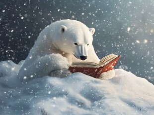 雪中北极熊专注阅读瞬间