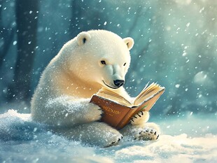 雪地中读书的可爱北极熊