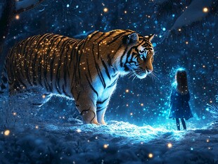 女孩与猛虎的梦幻雪夜邂逅