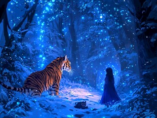 梦幻森林中女孩与老虎对视