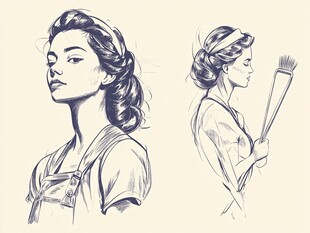 手绘女画家侧颜与持笔姿态