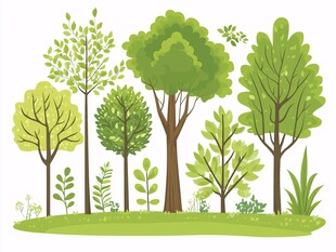 清新绿意树木插画场景