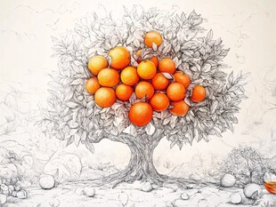 手绘硕果累累的橙色果树