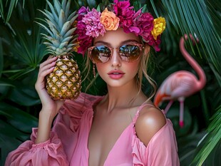 头戴花环持菠萝的时尚女子