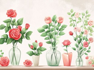 花瓶中的多彩玫瑰插画