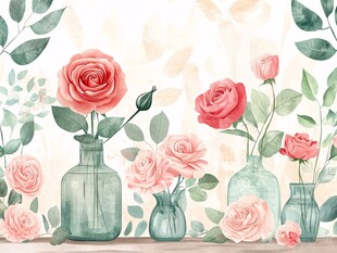 花瓶中绽放的柔美玫瑰花