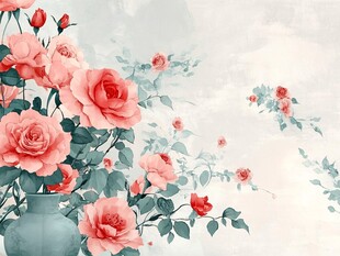 青花瓷瓶中的粉嫩玫瑰